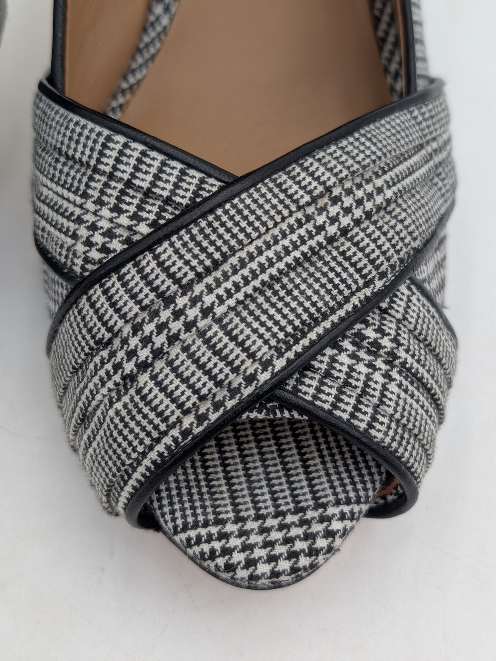 Talbots Sz 9.5M Plaid Black & White Textile Uppers Peep-Toe Crisscross Stiletto - Picture 5 of 17